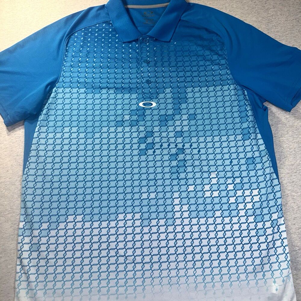 Oakley Hydrolix Mens Golf Polo Shirt XL/TG Blue/White Geometric SS Poly Reg